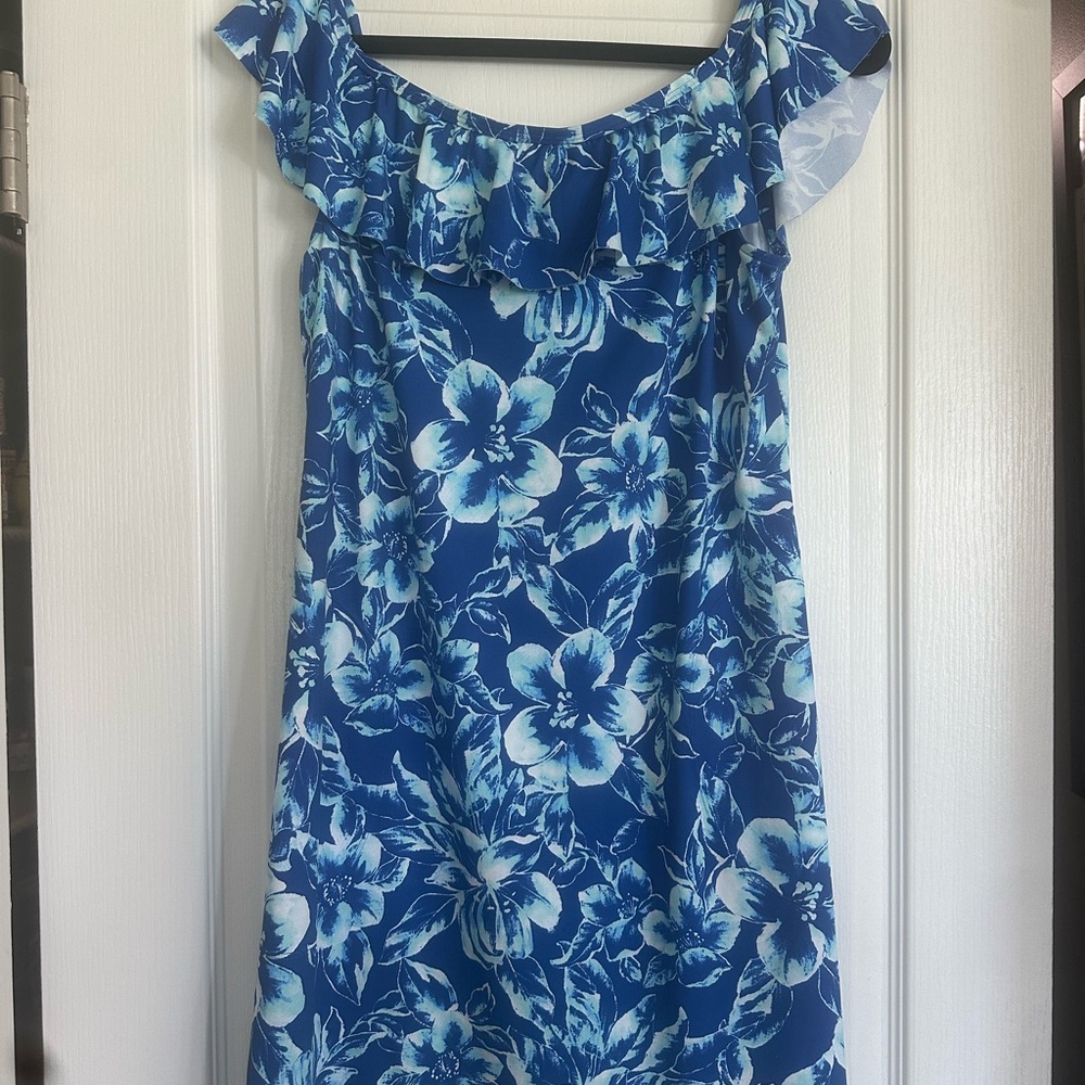 Floral Off-Shoulder Dress in Blue and White.